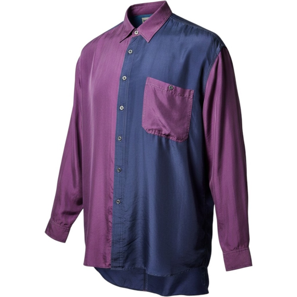 Ex-Xit Mens M Silk Button Down Shirt Purple Navy Colorblock Vintage Long Sleeve